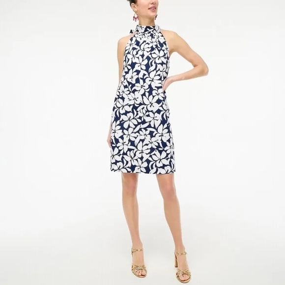 J Crew Bow Neck Halter Cotton Mini Floral Tropical Shift Dress Navy White Size 0 - Picture 5 of 17